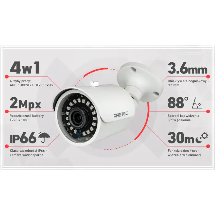 Zestaw 6 kamer do monitoringu FullHD 2Mpx, IR 30m