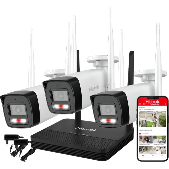 WIFIKIT-B4-4CH + WIFICAM-B4 - Zestaw do monitoringu WiFi EasyLink, 3x Kamera 4Mpx, Rejestrator NVS - HiLook by Hikvision