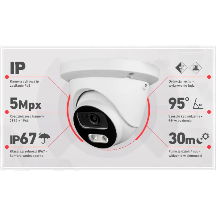 Zestaw do monitoringu IP 2 kamery 5Mpx, IR 30m, dysk