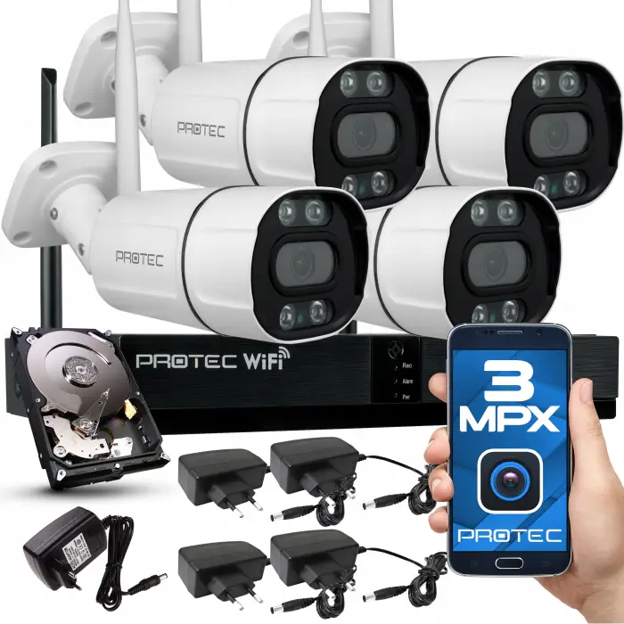 DOBRY BEZPRZEWODOWY ZESTAW DO MONITRINGU IP WIFI 4 KAMERY DYSK REJESTRATOR APLIKACJA