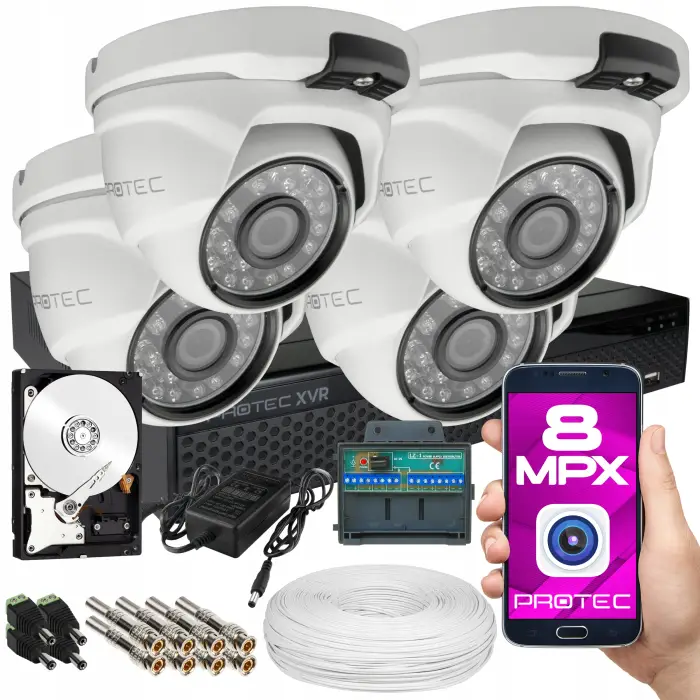 KOMPLETNY MOCNY ZESTAW DO MONITORINGU 4 KAMERY KOPUŁOWE 8MP 4K PODGLĄD Z APLIKACJI
