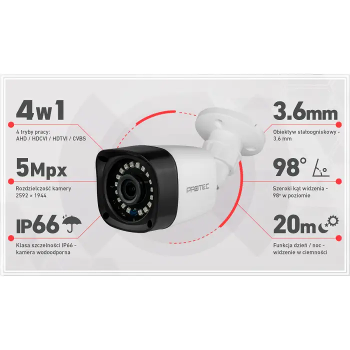 Zestaw do monitoringu 6 kamer 5Mpx, IR 20m, dysk 1TB