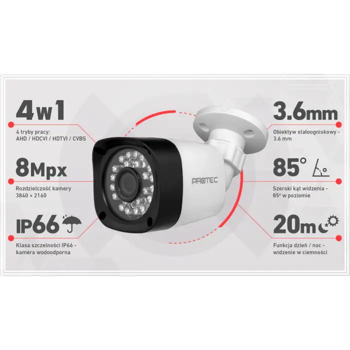 Zestaw 6 kamer do monitoringu 4K 8Mpx, IR 20m, dysk 1 TB