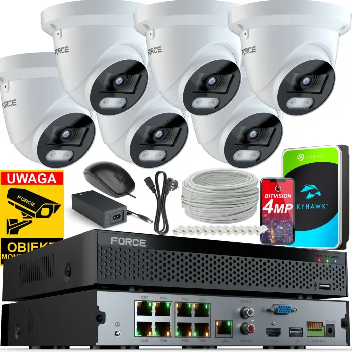 FORCE Zestaw monitoringu 6x Kamera IP 4MPx 2K, DYSK 1TB, REJESTRATOR POE