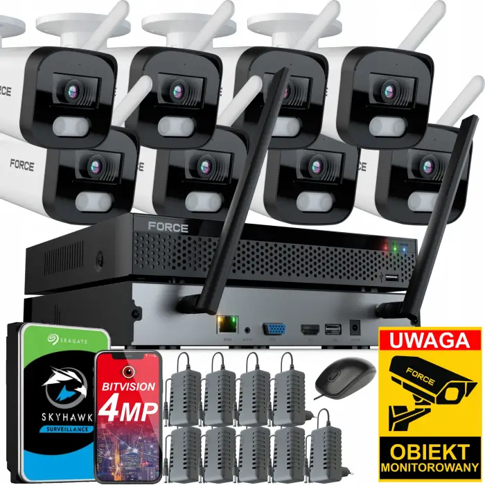 FORCE Zestaw monitoringu WIFI 8x Kamera IP 4MPx DYSK 1TB Rejestrator WiFi