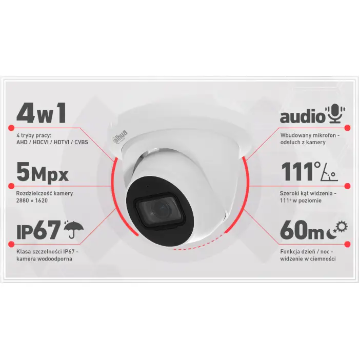 Zestaw monitoringu Dahua - 2 kamery 5 Mpx z mikrofonem, IR 60m, dysk 1TB