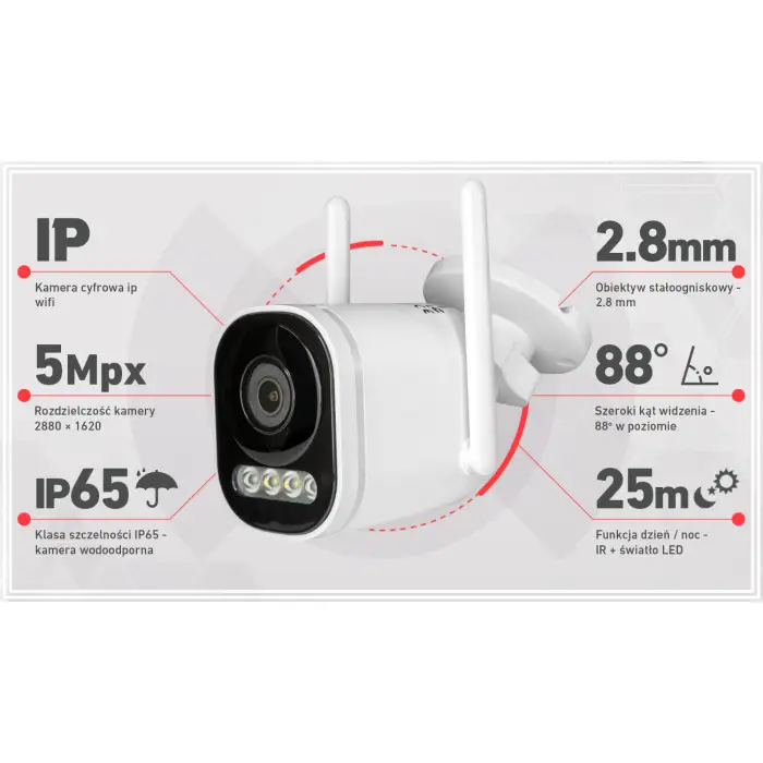 Zestaw monitoringu bezprzewodowego WiFi - 4 kamery 5 Mpx, IR + LED, mikrofon + głośnik, sygnalizator alarmowy