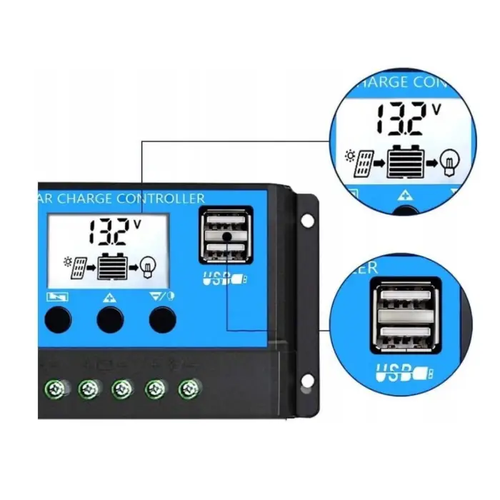 SOLARNY REGULATOR ŁADOWANIA PWM 10A 12/24V LCD USB