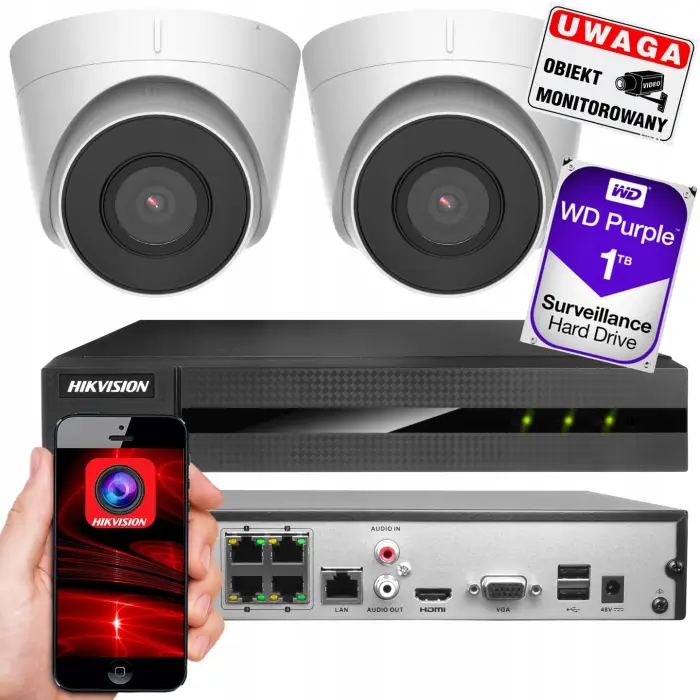 Zestaw do monitoringu Hikvision Hiwatch 2 x HWI-T240H + HWN-4104MH-4P + Dysk WD PURPLE 1 TB